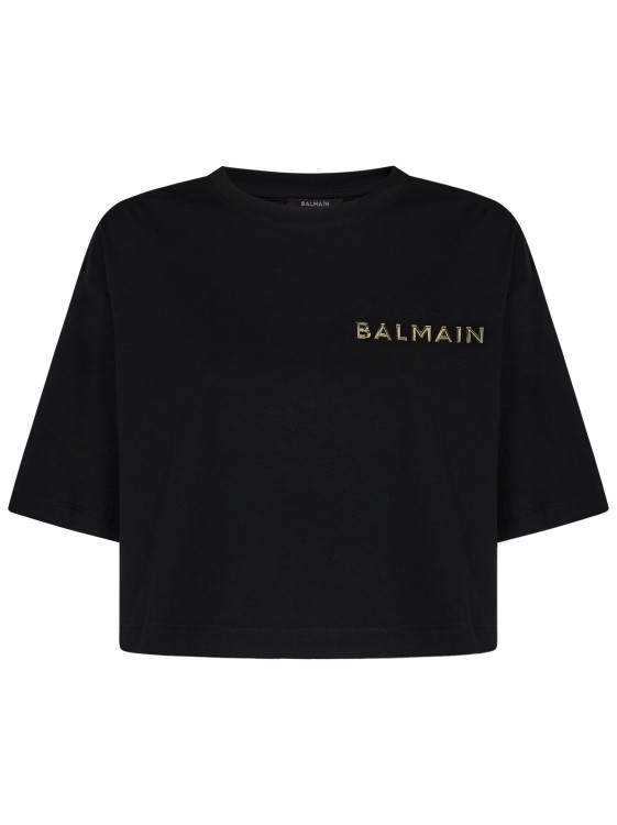 Shop Balmain Cropped Black Cotton Jersey T-shirt