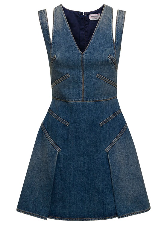 Shop Alexander Mcqueen Blue Mini Dress With Cut-out Detail And Pleated Skirt In Cotton Denim In Green