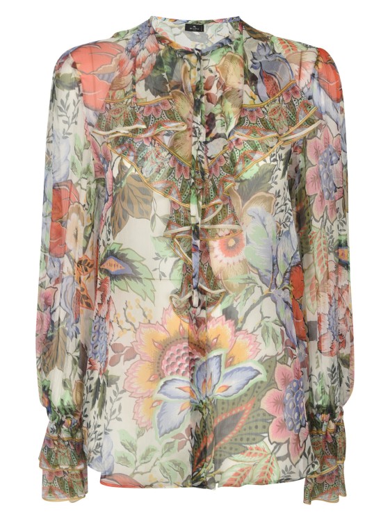 Shop Etro Silk Semi-sheer Construction All-over Floral Print Ruffled Blouse In Multicolor