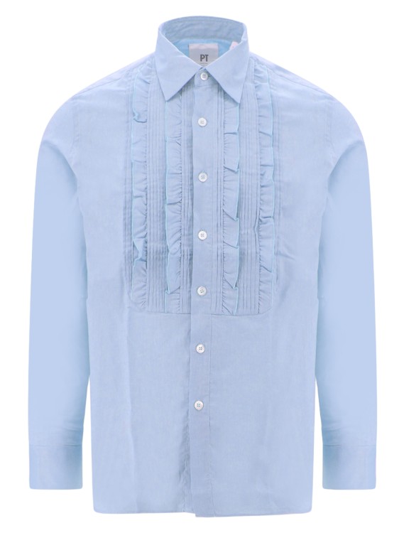 Shop Pt Torino Blue Cotton Shirt With Rouches