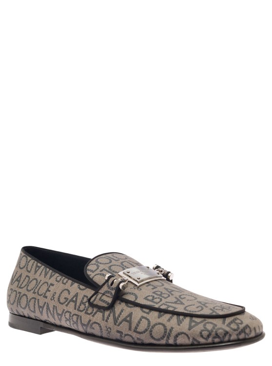 Shop Dolce & Gabbana Ariosto' Beige Loafers With Logo Plaque In Coated Canvas In Grey