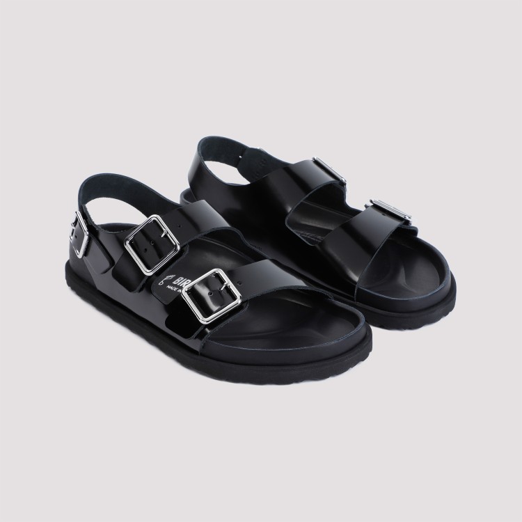Shop Birkenstock 1774 Black Shiny Leather Milano Leather Sandals