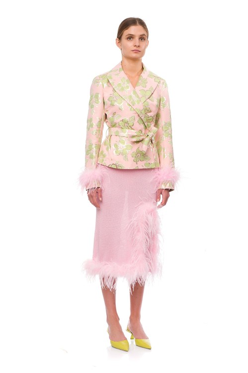 Shop Andreeva Pink Jacquard Jacket №19 With Detachable Feather Cuffs