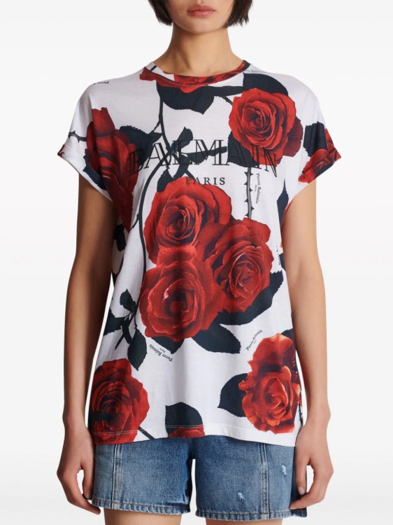 Shop Balmain Multicolor Roses Print T-shirt